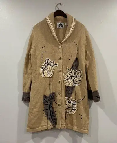 Storybook Knits Floral Contemporary Knit Long Cardigan Sweater Medium M Tan