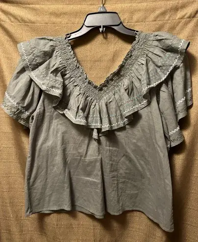 Something Navy  Woman’s Felix Ruffle Top Size Small Olive Green