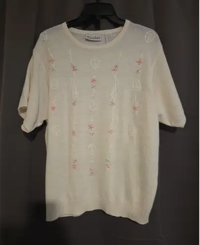 Tan Jay Women's Large Cream Sweater, Embroidered Pink Flowers, Vintage Pullover