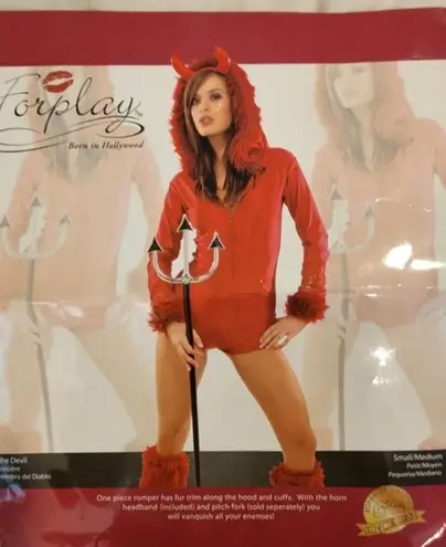 She Devil Costume Zip Up Red Romper Hoodie with Fur Hood Size M