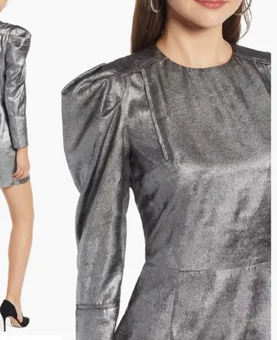Something Navy Foil mini dress Sz Medium Silver metallic puff sleeves Rave party