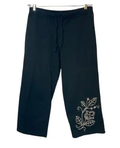 Y2K New York and Company Black Embroidered Floral Wide Leg Crop Sweatpants Pants Size M