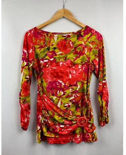 Simonton Says By George Simonton Floral Print Top XXS Polyester Spandex Long Sle Red