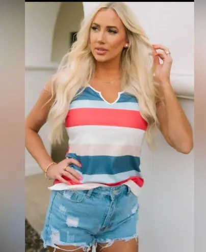 Striped Jewel Tone Notched Neckline Lightweight Knit Tank Top Size Small