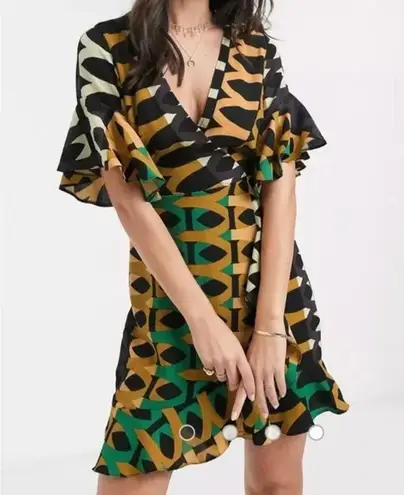 AX Paris Green Black Green Aztec Printed Day Mini Wrap Dress Ruffled Size S