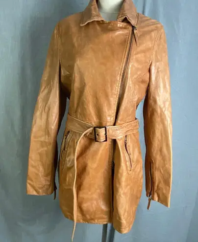 Bod Christensen 100% Leather Tan Caramel Moto Coat Belted Asymmetrical L Brown Size L