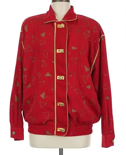 Vintage 80s 90s Bomber Jacket Bright Red Gold Geometric All Over Pattern AOP SzM Size M