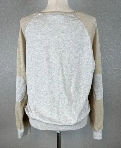 J. McLaughlin Womens Contrast Sweater Size XL Beige Gray Cotton Modal Elbow Patch