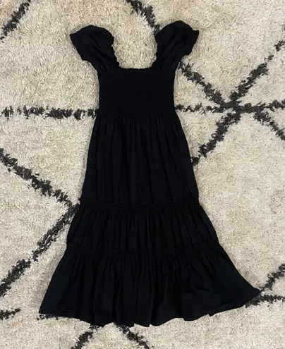 O.P.T Black Square Neck Smocked Tiered Midi Dress
