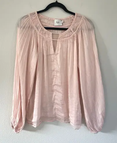 Aje Pink Silk Linen Gathered Sleeve Blouse (Small)