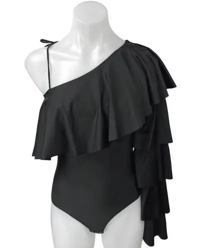 Monki Womens Black One Shoulder Ruffle Long Sleeve Bodysuit Blouse Top Size 1