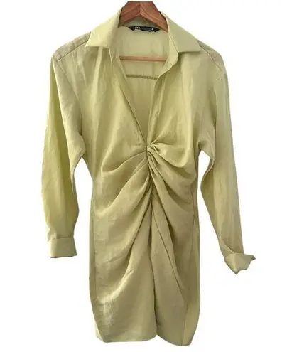 ZARA  Pistachio Green Long Sleeve V Neck Ruched Draped Mini Dress Size Small