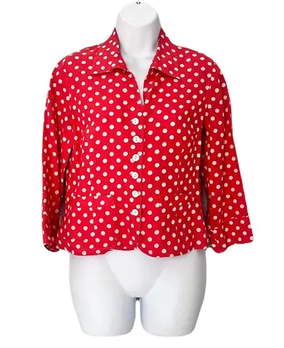 Talbots Vintage  Red and White 100% Linen Polka Dot Button Down Blouse, Size 4P - Image 1