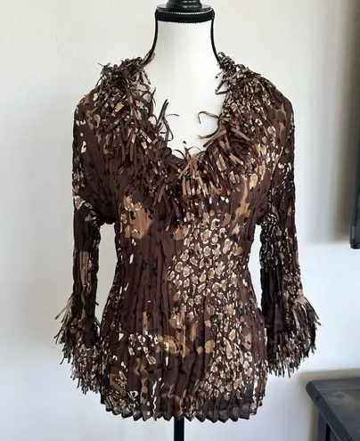 Agora Brown Tan Ruched Ruffled Blouse Size M