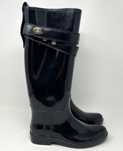 Coach  Talia Rain Boots Riding Tall Black Glossy Rubber Mid Calf Women’s Size 6