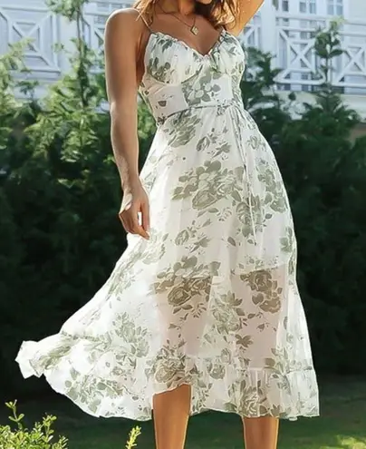 ✨HP✨Green Floral Print Classy Tied MidiCami Dress✨ White Size L