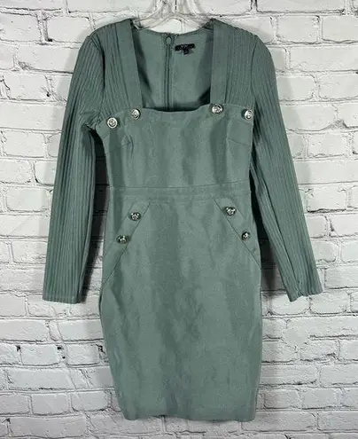 Wow Couture Green Dress Square Neck Long Sleeve Button accents Size L (B11)