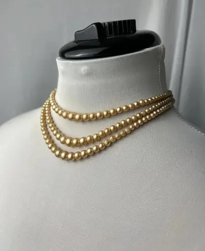 Vintage triple layered golden faux pearl choker Necklace with clip back Gold