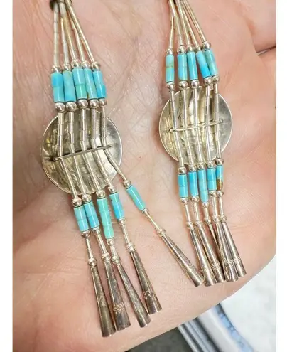 Handmade Long Sterling silver earrings Native American Sun face turquoise silver beads