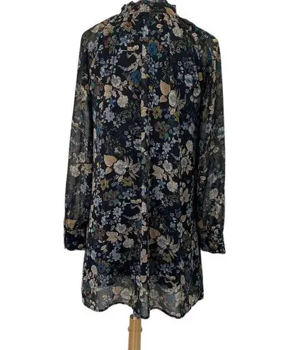 Moon River Mini Dress Tie Bow Neck Navy Allover Floral Print Womens Medium