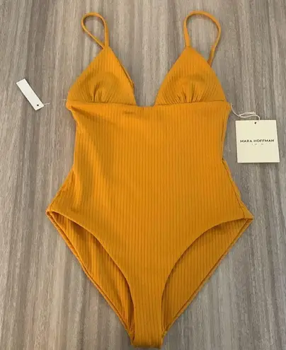 Mara Hoffman New Virginia Ribbed One Piece Swimsuit Mustard Yellow Size XS