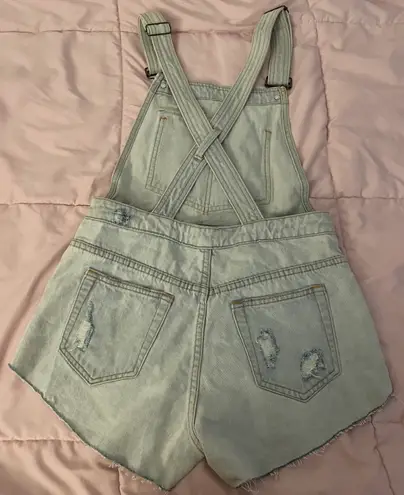 Glassons Denim Light Wash Distressed Overall Shorts Romper, size 8