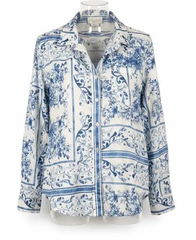 Calypso St. Barth Shirt Blue White Floral Print Button DownTop Womens S Boho