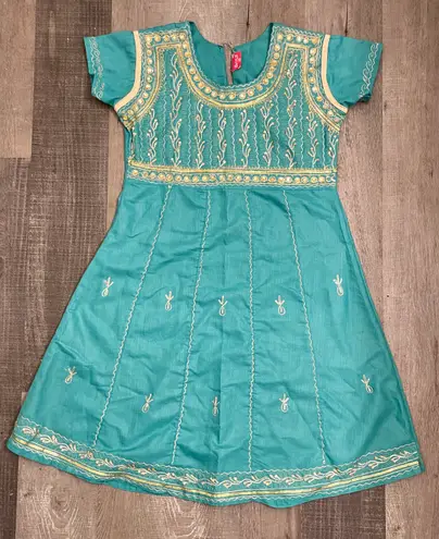 traditional indian short sleeve embroidered dress Blue