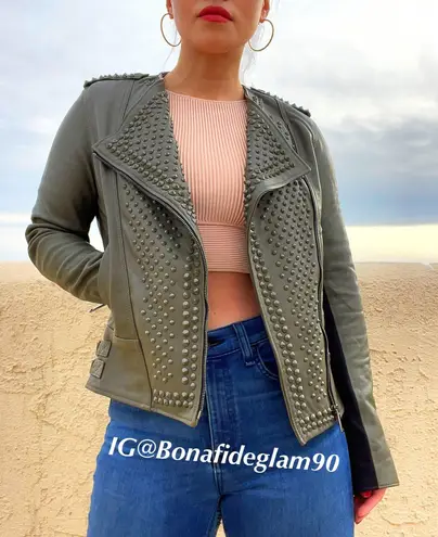 Nour Hammour Erin army green studded leather Biker jacket size FR 36 US 2 4 XS S