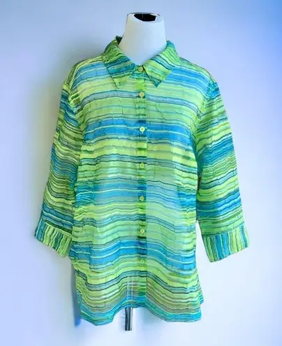 kim rogers  button front colorful lightweight collared quarter sleeve top  2X