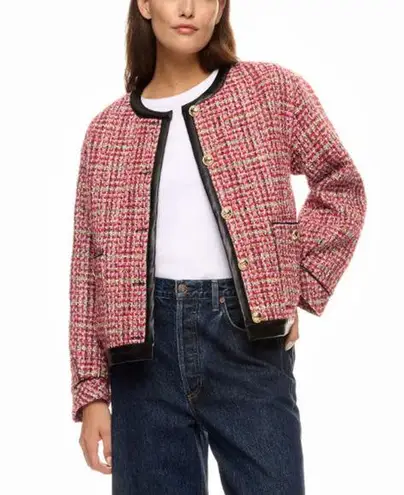 English Factory Pink Tweed Blazer LARGE Boxy Boucle Faux Leather Clueless $210