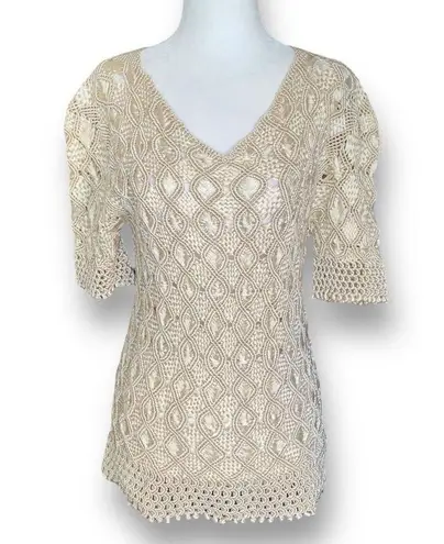 Vintage Inca Boutique Top Tan Open Weave Sheer Vneck Short Sleeve Art To Wear
