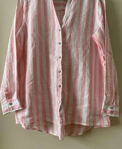 C&C California  100% Linen Striped Button Down Shirt Top Pink White Size M