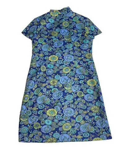 Vintage Blue 70s  and green floral mock neck mini dress large