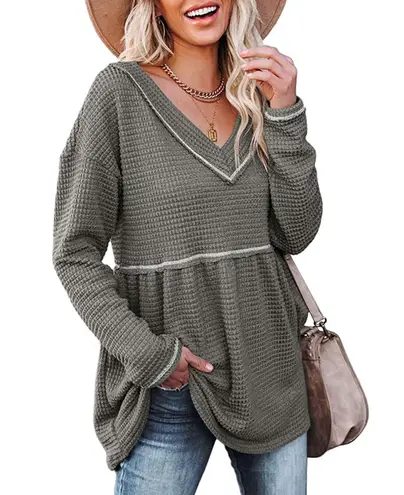 Waffle V Neck Tunic Peplum Flowy Swing Loose Long Sleeve Sweater Green S