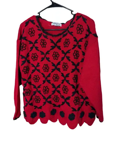 Reference Point Vintage Womens Red Black Floral Beaded Knit Sweater Size S