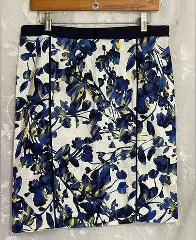 Rafaella Womens A Line Pencil Skirt White Navy Yellow Irises Sz 10 EUC