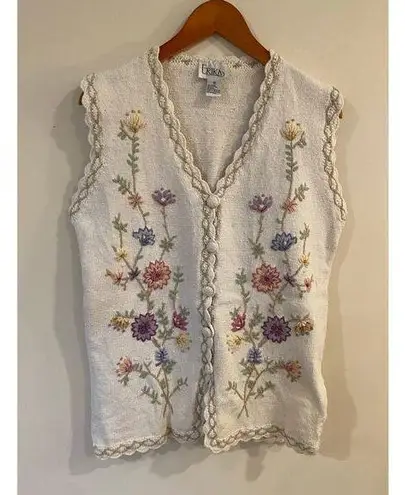 Erika Vintage  Cottagecore Floral Embroidered Beaded Knit Vest Cream Medium