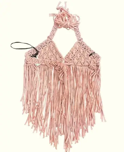 Forever 21  pink macrame fringe halter bikini crop top size small bohemian