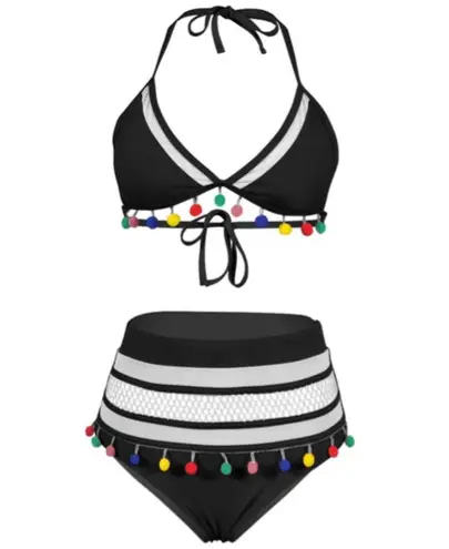 Boutique black Pom Pom meshed high waisted swimsuits