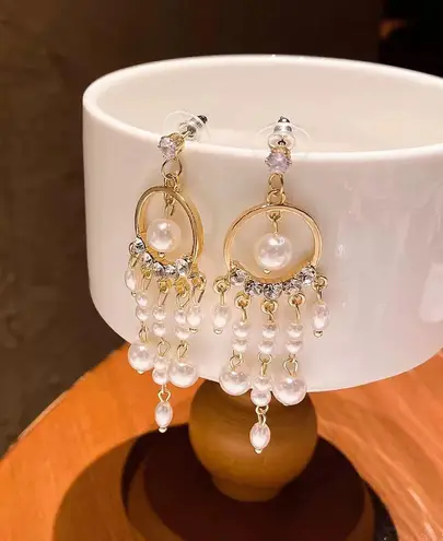 Elegant White Pearl Dangle Drop Earrings for Women Gold