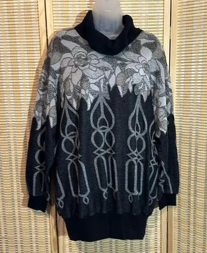 Top Notch 1980s Tunic Length Gray Floral Geometric Print Cowl Neck Sweater 1X Black