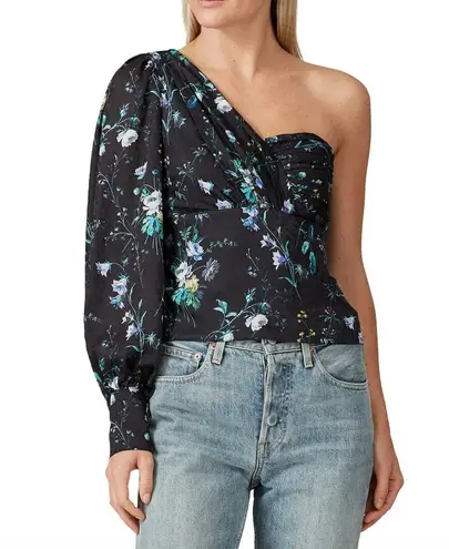Flor et.al Top Womens Small Black Blue Knick Floral One Shoulder Crop Blouse