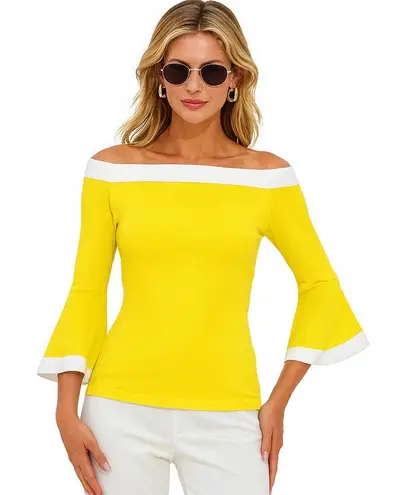 Boston Proper Yellow Off Shoulder Flare Sleeve Colorblock Resortwear Top Size S
