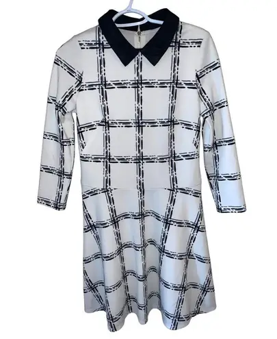 Eliza J Fit & Flare Preppy White Black Plaid Pattern Office work Collar Dress