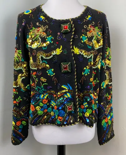 Michael Simon Vintage Year of the Dragon Embroidery Beaded Artwork Sweater Sz 2 Black
