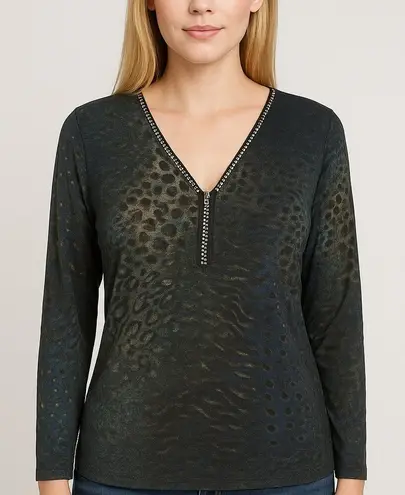 Frank Lyman Knit Top Size 8 Animal Black Blue 3/4 Sleeves Sparkle Artsy Casual