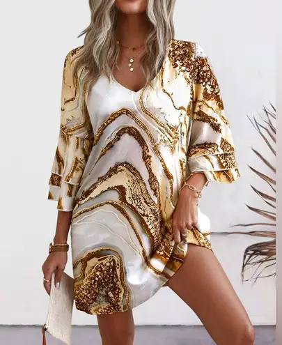 White & Gold Marble print dress NWOT Size L