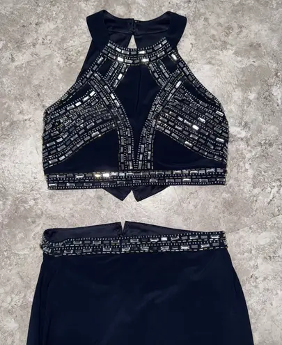 Blondie Nites Elegant Navy Evening Gown with Embellished Waist/ prom dress