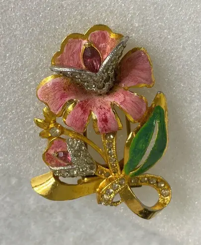 Antique Coro 1930s Flower Enamel Fur Clip Enamel &Colored & Clear Rhinestones Pink